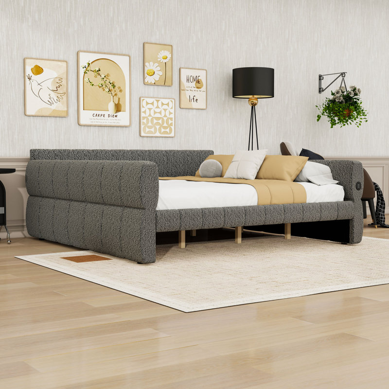 Upholstered Daybed Frame with USB Ports, Gray