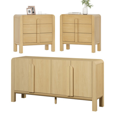 3 Pcs Bedroom Set,Mid Century Dresser And Nightstand Sets For Bedroom, Modern Dresser With Curved Profile Design, Wooden Chest Of Drawers Storage Cabi