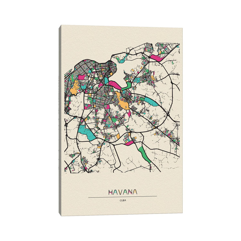 «Havana, Cuba Map» par Ayse Deniz Akerman - impression sur toile tendue, H 26 po x l 18 po x P 1,5 po