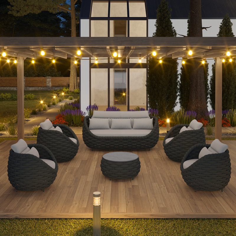 7 Person Outdoor Patio Hand-Woven Rope Powder-Coated Aluminum Sofa Outdoor Conversation Set For Bistro Garden Balcony Porch Deck Backyard Cafe