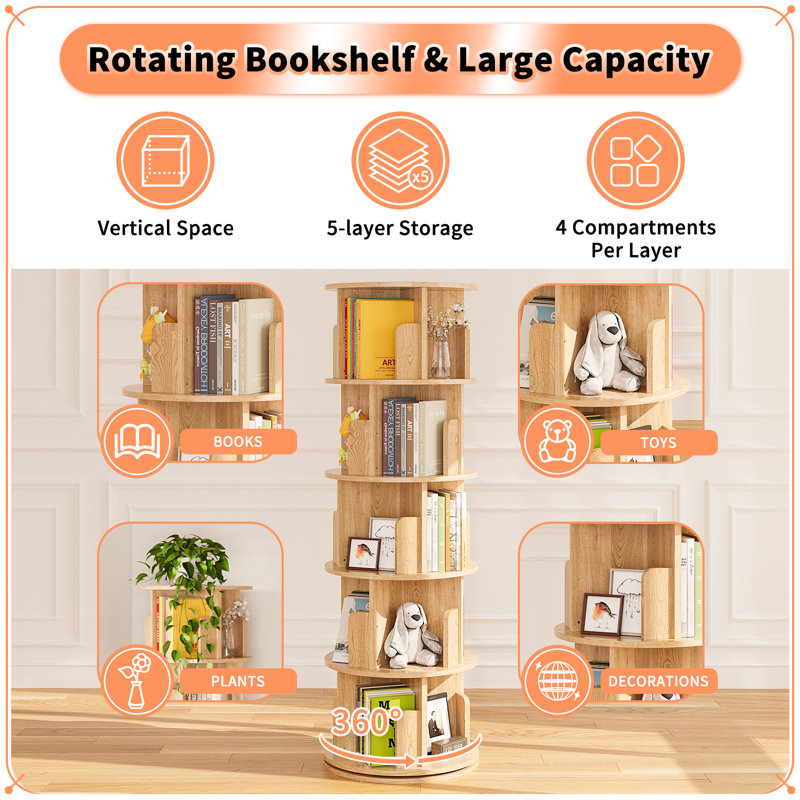 360 Display Rotating Bookshelf Tower, Bookshelf Organizer For Living Room, Bedroom, Study Room
