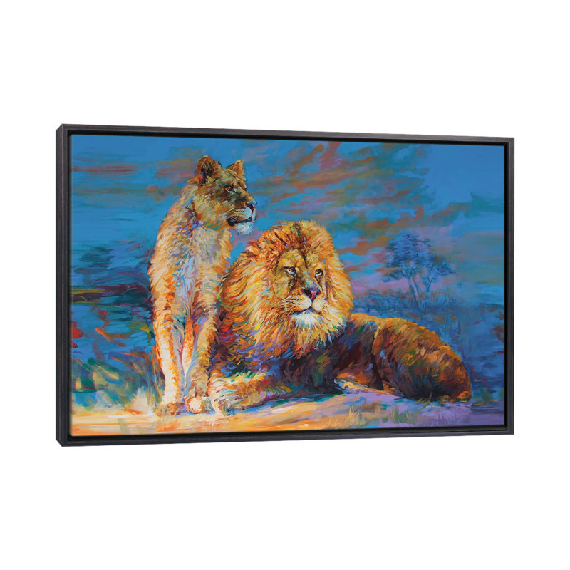 Lion et lionne par Leon Devenice - impression d'art graphique, H 18 po x l 26 po x P 1,5 po, Toile avec cadre noir patiné