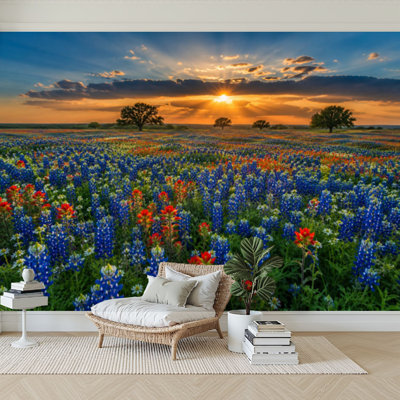 Wall Mural Peel and Stick Wallpaper Texas bluebonnets Indian Paintbrush wildflower field blooming spring Self-Adhesive Removable Contact Paper Wall Decor for Living Room Bedroom 100"H x 144"W