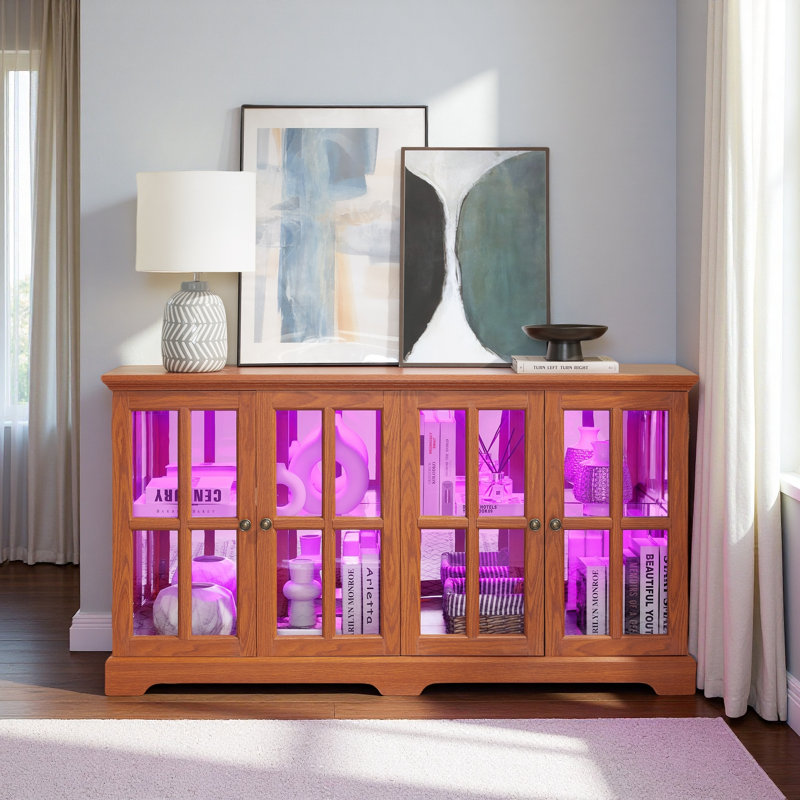 LED Curio Display Cabinet Antique Display Cabinet With Glass Doors Adjustable Shelves, Oak