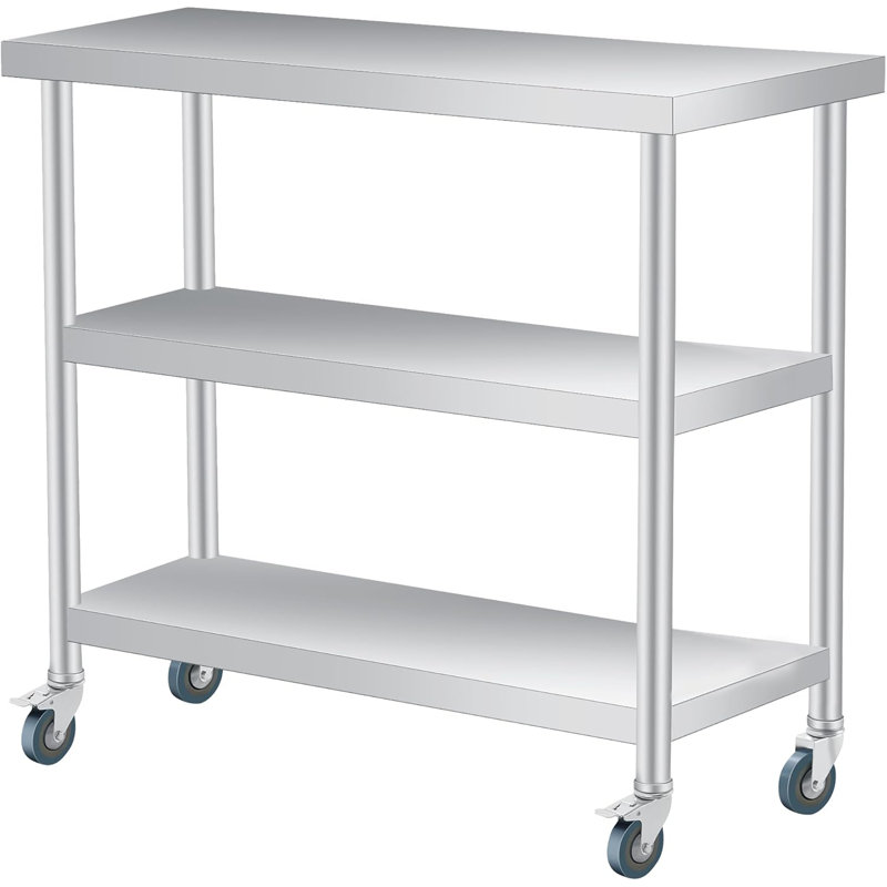 Stainless Steel Table, 18 x 36 Inch, 3-Tier Metal Prep Table with 2 Lockable Wheels, Undershelf, Commercial Kitchen Utility Workstation for Restaurant, Hotel, Laundry, Garage, Indoor, Outdoor, BBQ