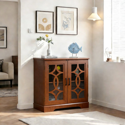 Buffet spacieux de 34,37 po x 15,55 po x 34,06 po avec 2 portes en verre trempé transparent avec tablette réglable, armoire de rangement décorative en bois aggloméré avec stratifié chêne foncé pour la salle à manger, la cuisine et le salon
