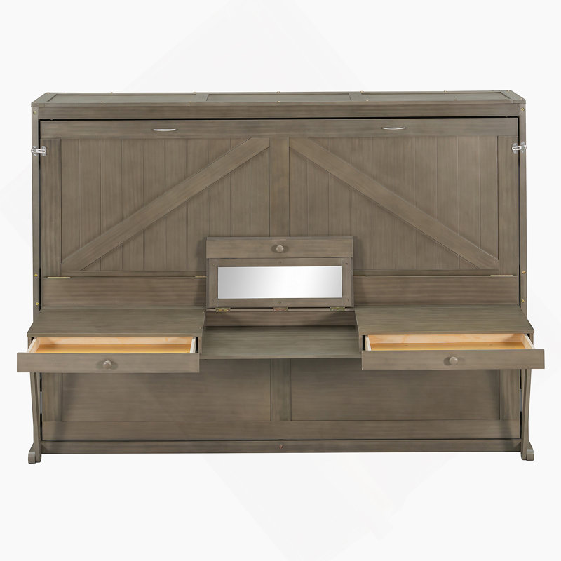 Grand lit escamotable mural avec rangement, armoire-lit pliable avec coiffeuse, miroir central et 2 tiroirs latéraux, gris vieilli