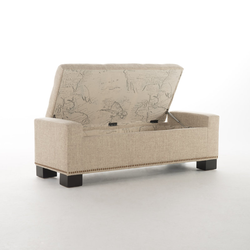  Banc repose-pieds clouté, coffre de rangement capitonné avec plateau relevable, sièges élégants et rangement polyvalent, blé