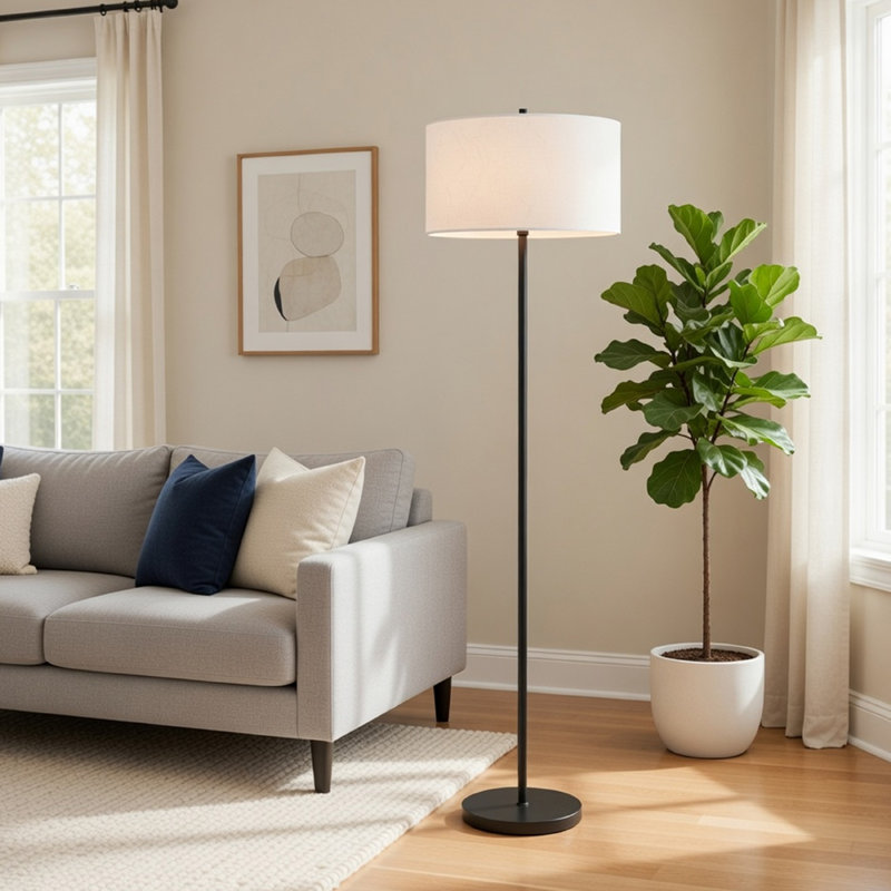 Avira 61 Inch Floor Lamp, String Pattern White Fabric Shade, Black Metal, White
