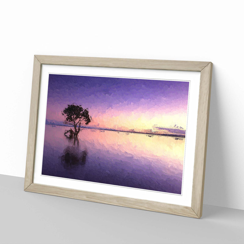 Tree Alone During a Purple Sunset in Abstract - Picture Frame Painting Print, 48cm H x 65cm W x 2cm D, Oak Framed
