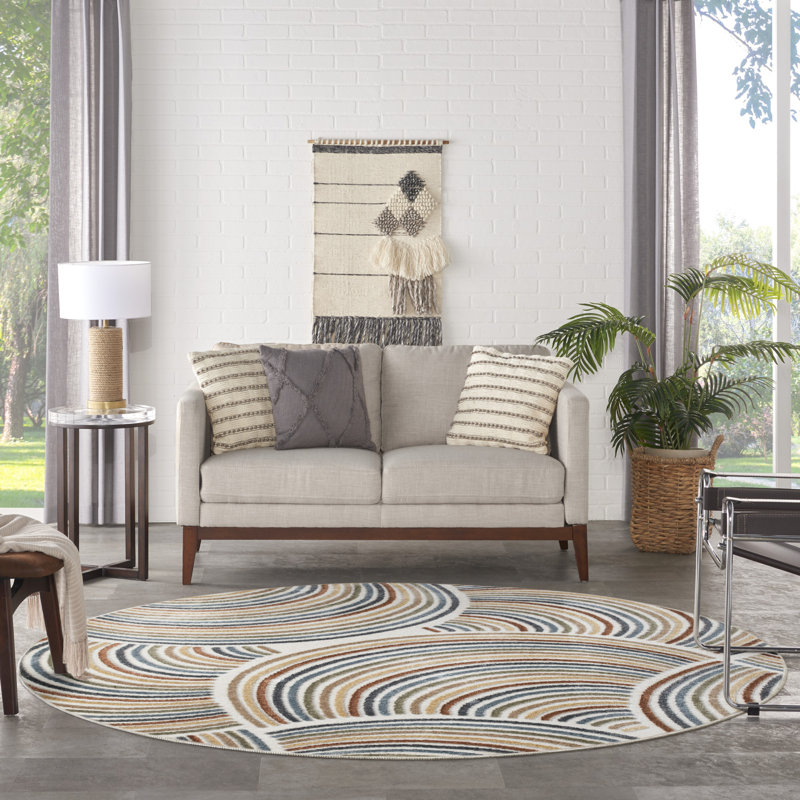 Aramus Machine Washable Abstract Ivory/Multi Rug, Round 7'10"