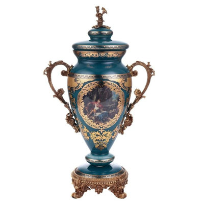 Bronze Deep Aegean Blue Gold Crystal Glass Decorative Sculpture French Style Set