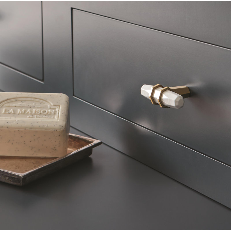 Marble White and Golden Champagne T-Handle Bar Knob