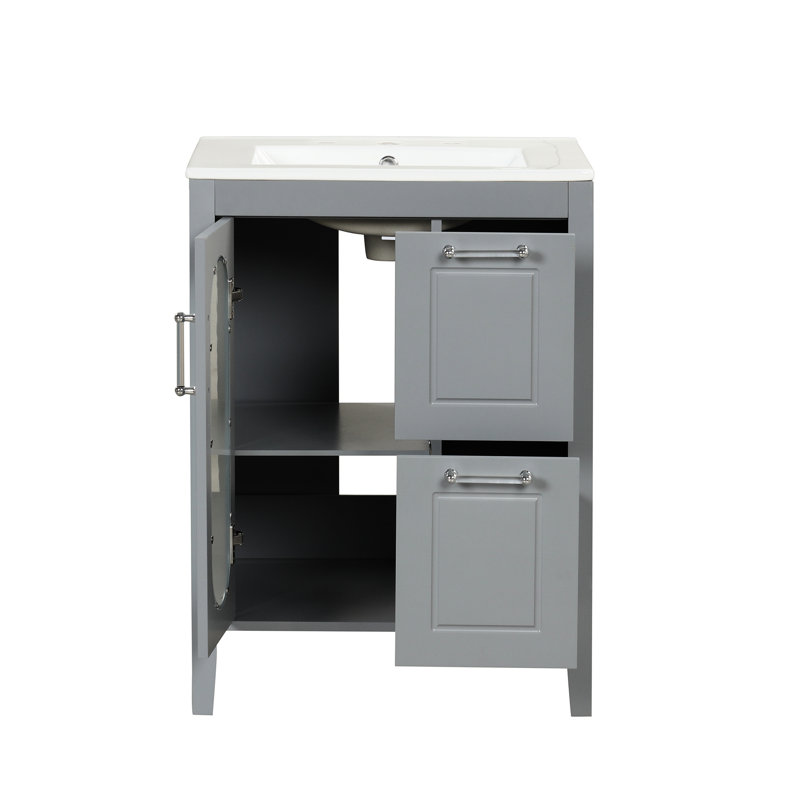 Armoire de meuble-lavabo 24 po en bois massif gris avec lavabo à deux tiroirs, tablette ajustable 24 po, Grey