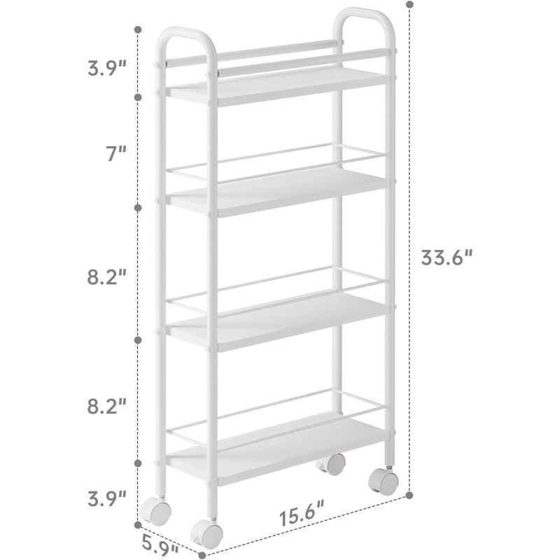 Chariot de rangement mince et roulant avec 4 tablettes à niveaux, chariot utilitaire étroit sur roulettes pour la cuisine, la salle de bain, la salle de lavage et les petits espaces