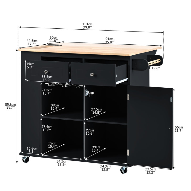 Black Kitchen Island With Power Outlet And Drop Leaf. Spacious Interior, Wine Rack. Convenient For Daily Life In Folding Table, Storage & Side Shelf -