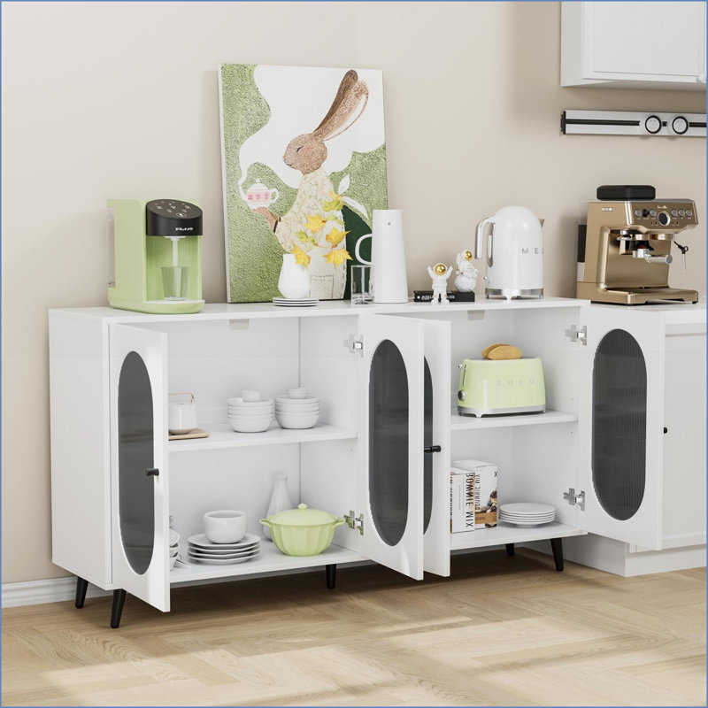 Buffet, armoire de rangement blanche moderne de 60 po avec 4 portes en acrylique Tablettes réglables | Matériau en panneau de fibres à densité moyenne