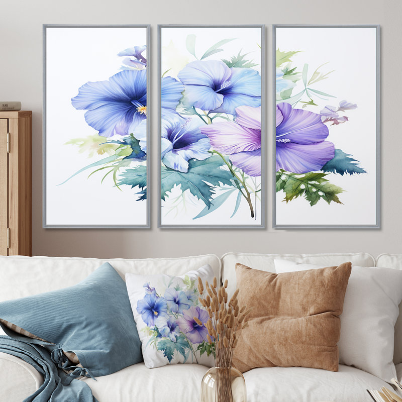 «Mauve et bleu», impression d'art aquarelle d'hibiscus, Encadrement argenté, H 40 po x l 60 po x P 1 po