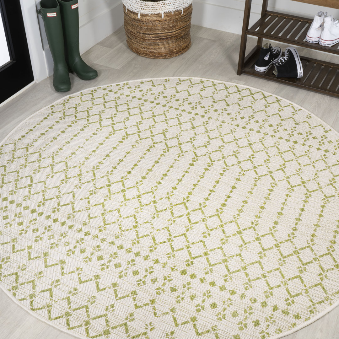 Avag Moroccan Geometric Textured Weave Cream/Green Indoor/Outdoor Rug Foundry Select Rug 