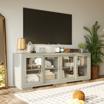 Modern Solid Wood TV Stand With Tempered Glass Doors, Cable Management And Adjustable Shelves, Fits Tvs Up To 75"