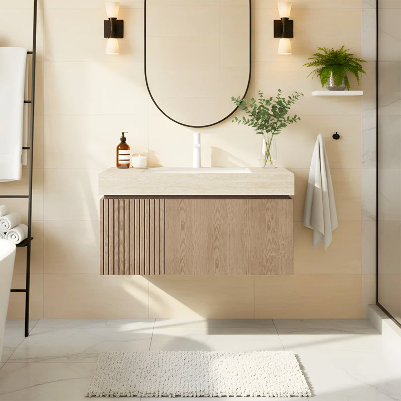 Meuble-lavabo de salle de bain luxueux en pierre frittée Mid-Century