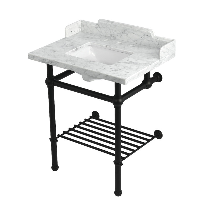 Kingston Brass Pemberton 30-Inch Carrara Marble Console Sink with Brass Legs and Shelf (8-Inch, 3-Hole)