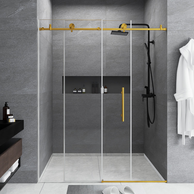 56-60 "W X 76" H Frameless Shower Door | Single Sliding |  1/4 Inch Transparent Tempered Glass With Explosion Proof Film | Stainless Steel Handle | Brushed Gold