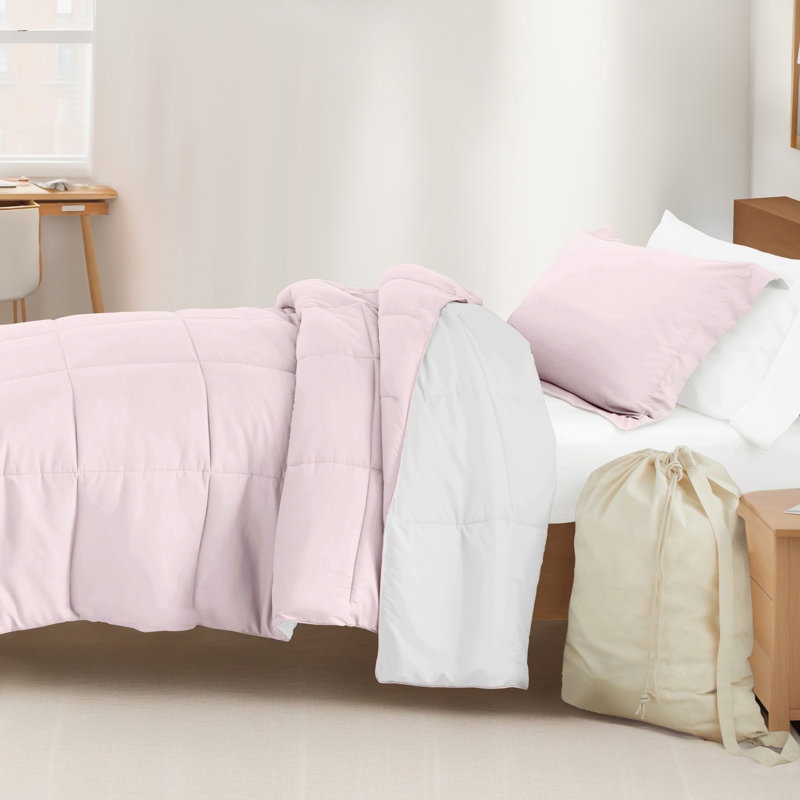 8-PC College Dorm Twin XL Bedding Bundle - Comforter Set, Sheet Set, Pillows and Laundry Bag, Blush / White