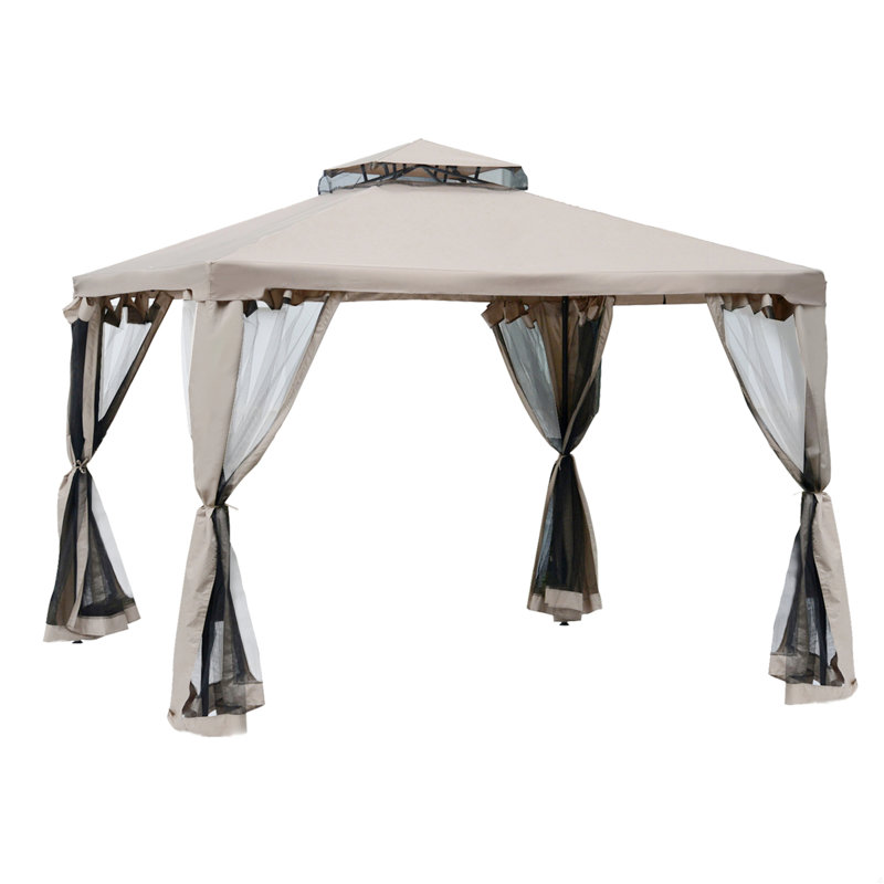 Patio Gazebo, Outdoor Canopy Shelter With 2-Tier Roof And Netting, Steel Frame, Black, 8.7" H x 9.6" W x 9.6" D, Brown
