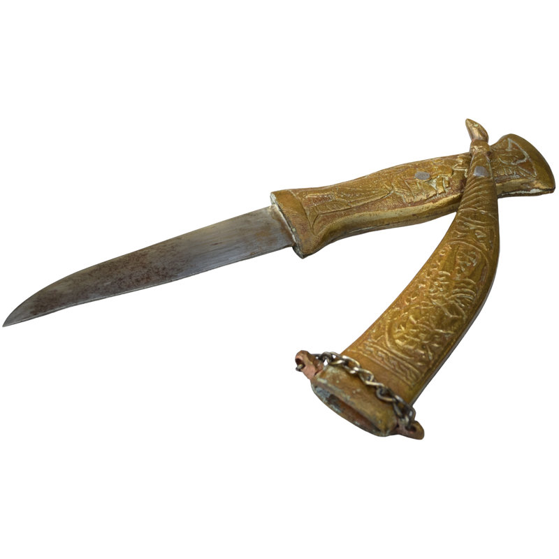 Early 20Th Century Handmade Babylonian-Patterned Brass Dagger