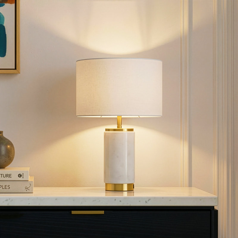 Arden 17 in. Modern LED Table Lamp with Fabric Drum Shade and USB Port - Bundle Set of 2