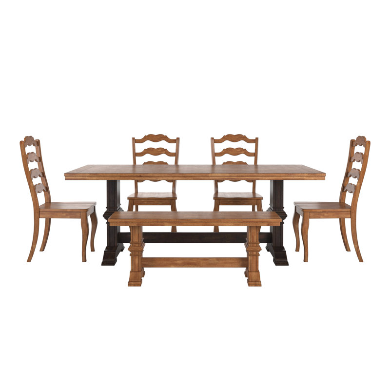 Greisofe 78" Solid Wood Oak Finish Top 6-Piece Dining Set With French Ladder Back Chairs And Bench, Brown, Black