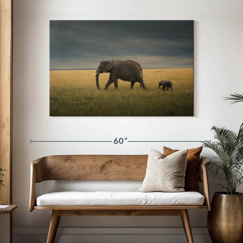 Éléphant Brampt dans un champ de savane, H 32 po x l 48 po