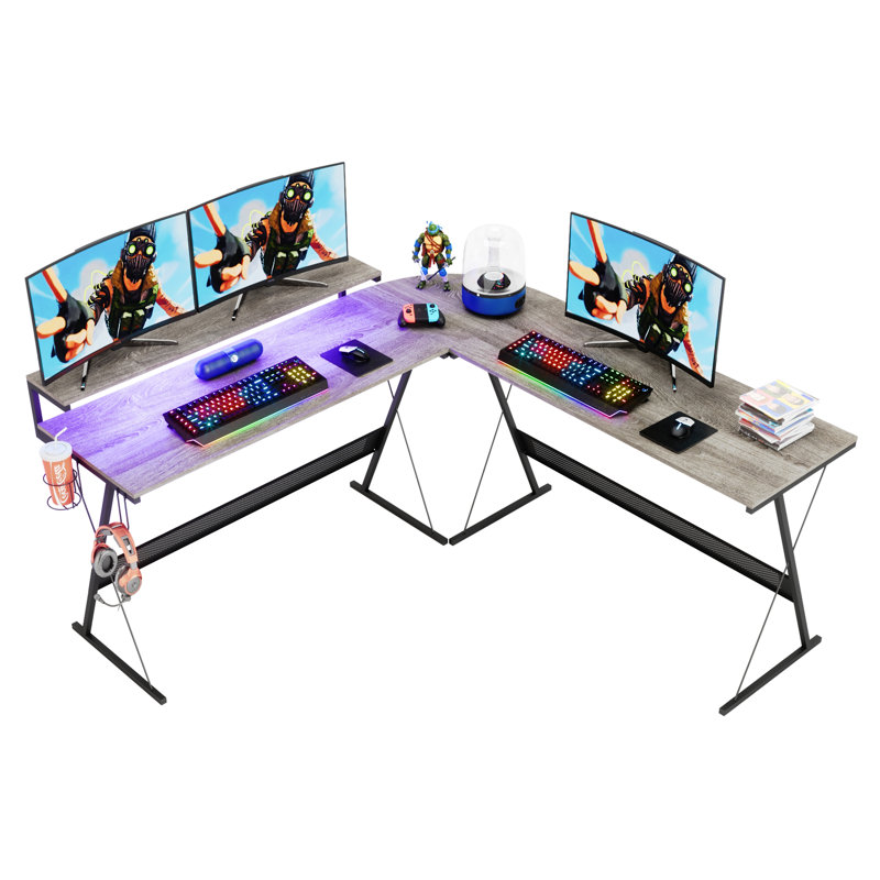 Abeyta L-Shaped Metal Base Computer Desk, Gray Oak/Black