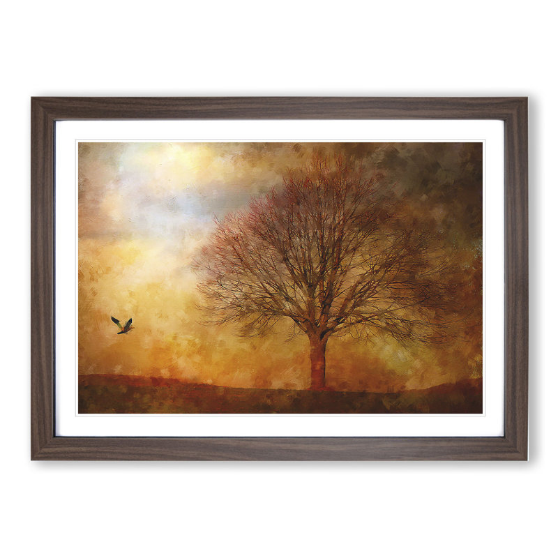 Bird and Tree at Sunset - Picture Frame Painting, 36cm H x 48cm W x 2cm D, Walnut Framed