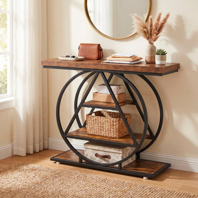 Console d'entrée étroite de 100 cm (39,4 po) - Étagères de rangement ouvertes à 3 niveaux, structure en fer à motif losanges, style rustique, idéale pour le salon - Brun rustique
