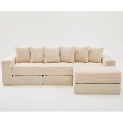 [Video Provided]10-In-1 Convertible Sofa Sectional ,Corner Couch , Convertible Floor Sleeper Sofa,Corduroy,Side Pocket,No Assembly,Diy,L Shaped Modular Sofa,6 Pillows,Beige