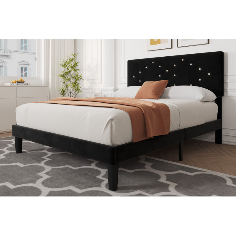 Cadre de lit plateforme grand rembourré avec tête de lit capitonnée en cristal pour filles, support de lattes en bois, aucun sommier requis, noir