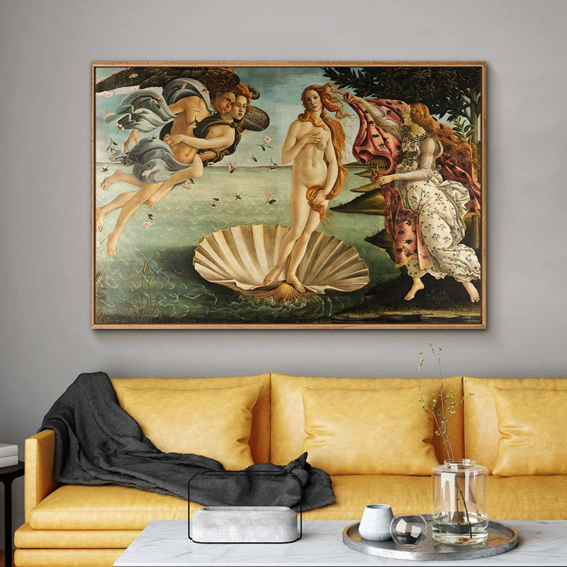 Célèbre œuvre d'art IDÉE4WALL, reproduction d'art sur toile encadrée, "La naissance de Vénus" par Botticelli, Naturel