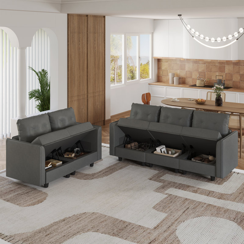 Canapé modulaire avec rangement 2 pièces Zendajas, Mélange de polyester gris