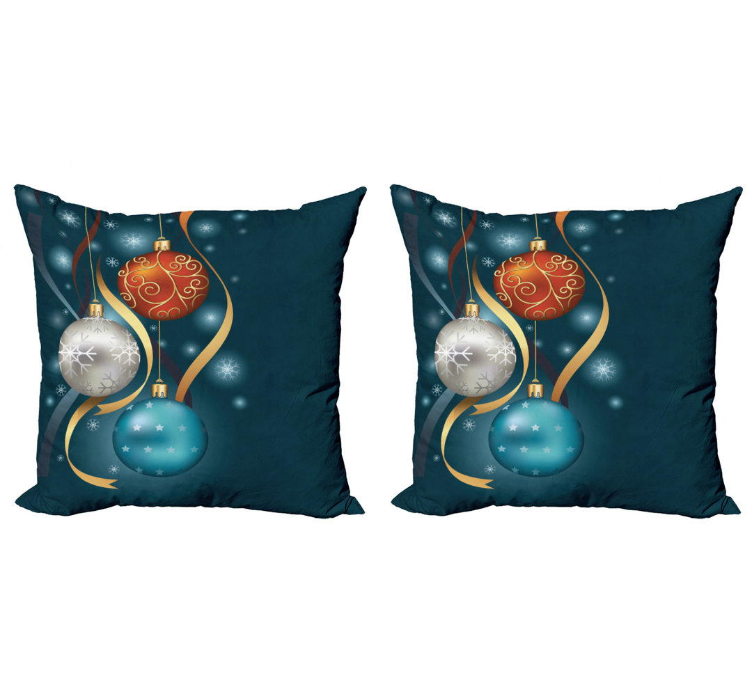 Ambesonne Christmas Throw Pillow Cushion Cover Pack Of 2, Vivid Classical Baubles With Ribbons And Different Patterns Abstract, Zippered Double-Side Digital Print Decor, 16", Petrol Blue Grey Red (Set of 2) Ambesonne 