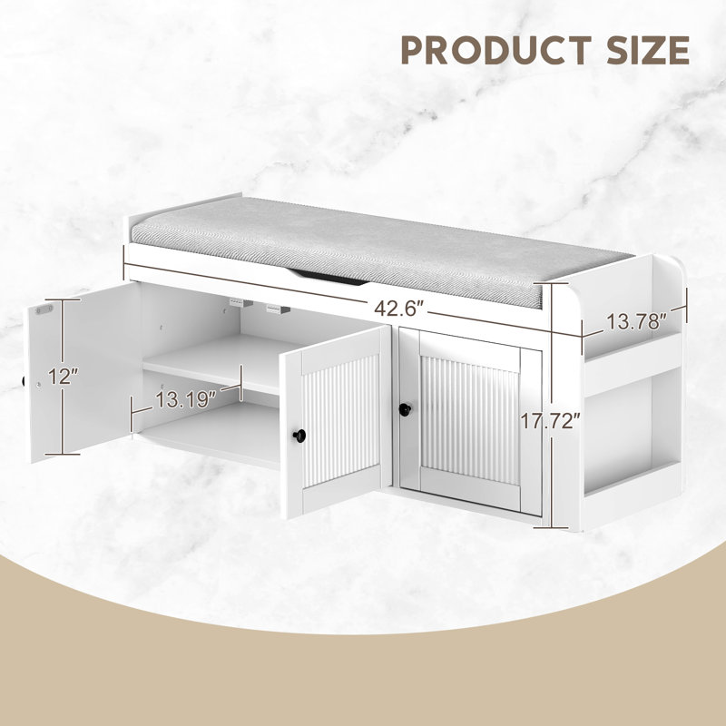 Modern Farmhouse Storage Bench With Cushion, Upholstered Shoe Bench With Shelf For Entryway, Mudroom, Hallway, White