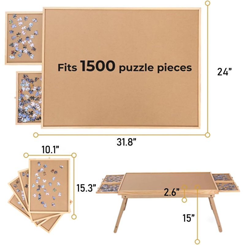 Table de puzzle 2 en 1 avec pieds pliants, avec 4 tiroirs et housse, couleur bois