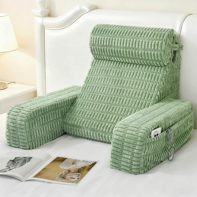 Coussin de dossier de lecture vert sauge de 19 pouces, coussin de soutien de lit avec accoudoirs et poches, housse à fermeture à glissière lavable