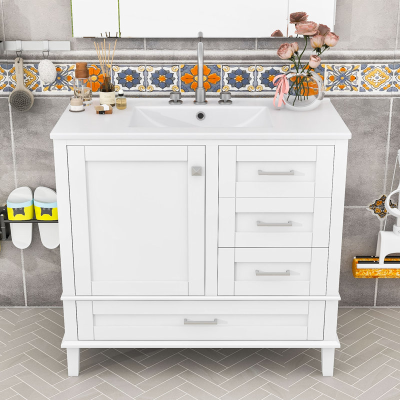 Contemporary Wood Single Bathroom Vanity with Soft-Close Door, Ceramic Basin and Storage Drawers, Gray