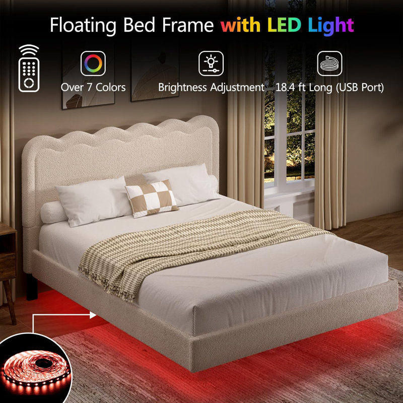 Queen Size Boucle Upholstered Floating Bed Frame With Led Lights, Visual Floating Led Platform Bed, No Box Spring Needed, Beige