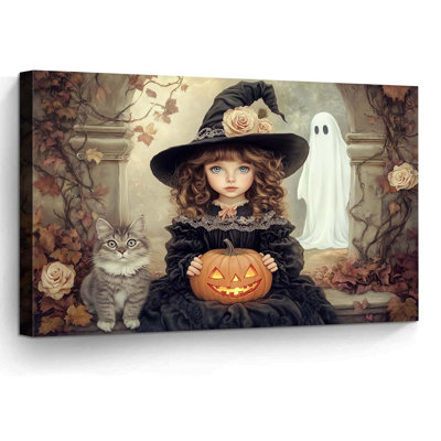 Vintage Halloween Witch Girl Canvas Wall Art Cat Ghost Print 40x60cm