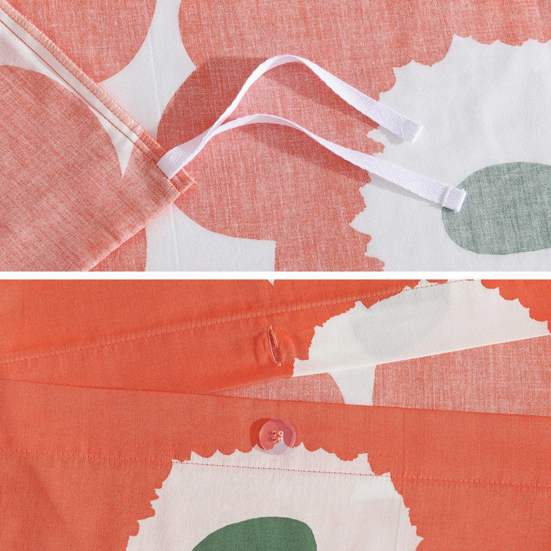 Unikko Orange/Green/White Organic Cotton Duvet Cover Set, King Duvet Cover + 2 King Shams, Orange/Green/White