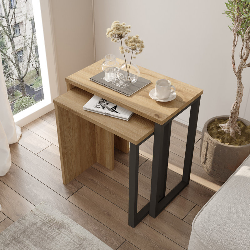Elegant Nesting Tables (2 Pieces) with Metal Legs, Walnut & Oak Finish, 20.1 x 20.8 x 11.6 inches & 17.5 x 18.8 x 9.6 inches | 100% Melamine Coated Particle Board, Durable & Stylish for Home or Office Décor