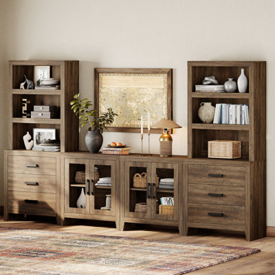 Farmhouse Entertainment Center With Bookshelves, 4-Piece Modular TV Stand With Drawers, Glass Doors, Open Shelves,  Media Console For Living Room, Home Theater, Brown